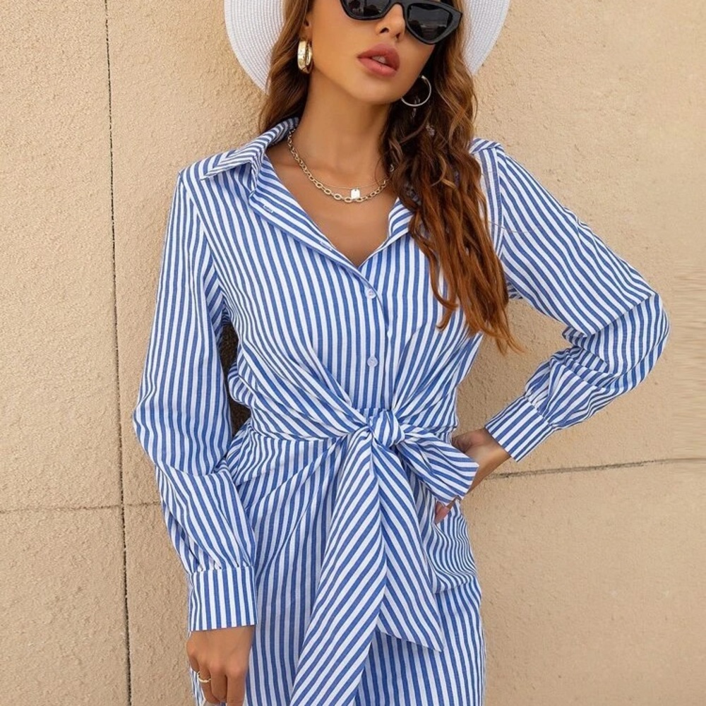 Pinstripe tie up shirt dress